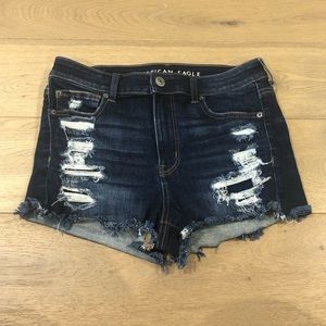 American Eagle Denim Shorts Hi-Rise Shortie Next Level Stretch Sz 8 Distressed